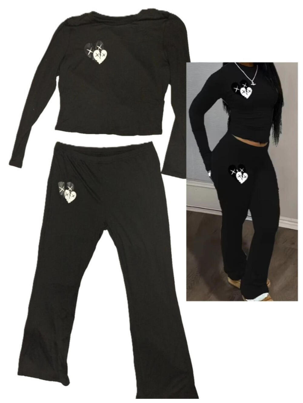 New Top & Bottom Black 2 PC Monster-Love Set Womens XL Leggings Shirt Combo